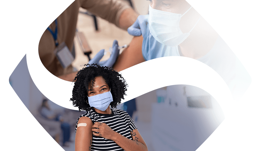 Woman displaying bandage from receiving immunization in California